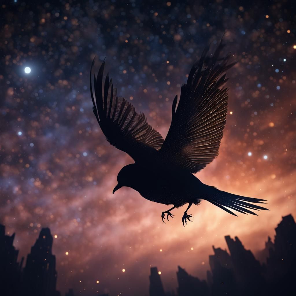 Bird Silhouette Flying in Starry Night Sky