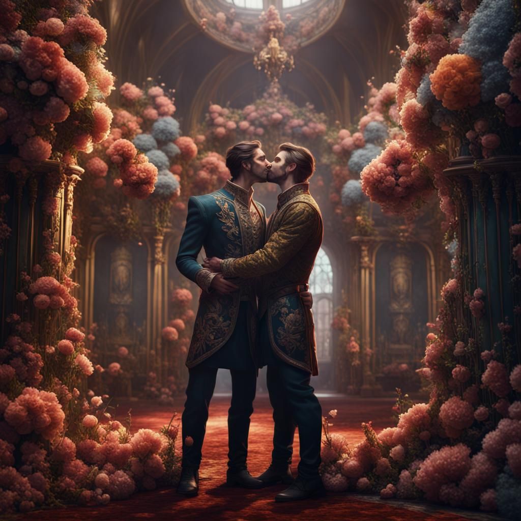 Fantasy Men Kissing in Floral Hall: Detailed Painting