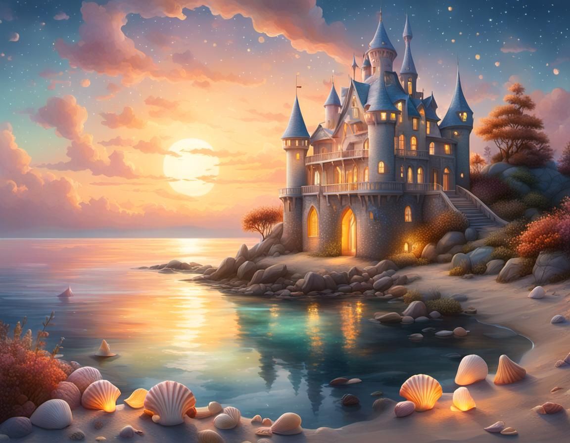 Whimsical Seaside Castle at Sunset in Watercolor