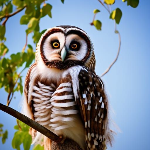 Laughing owl sitting on a tree branch next to his tree hole nest