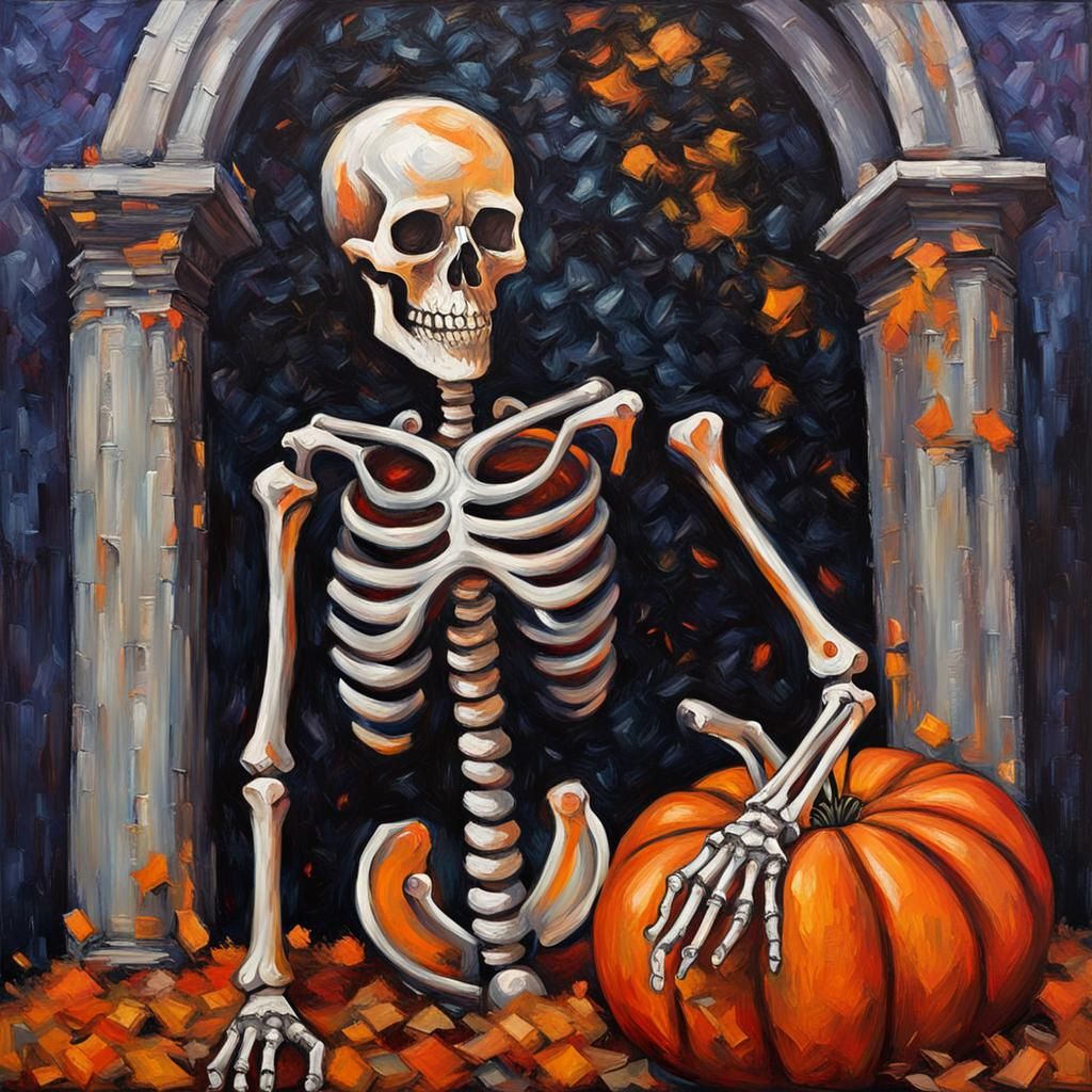 Silver Halloween Skeleton in Expressionist Oil Painting