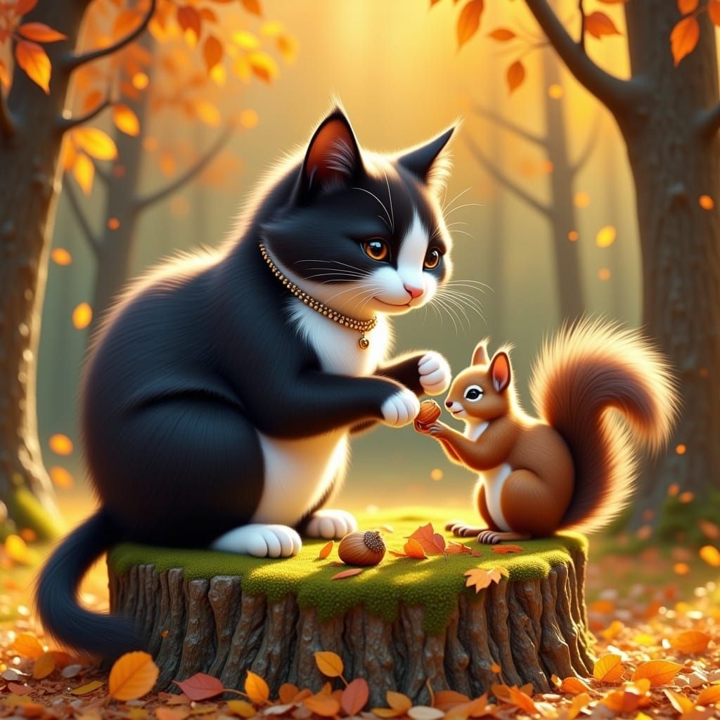 Whimsical Autumn Friends: Tuxedo Cat and Squirrel