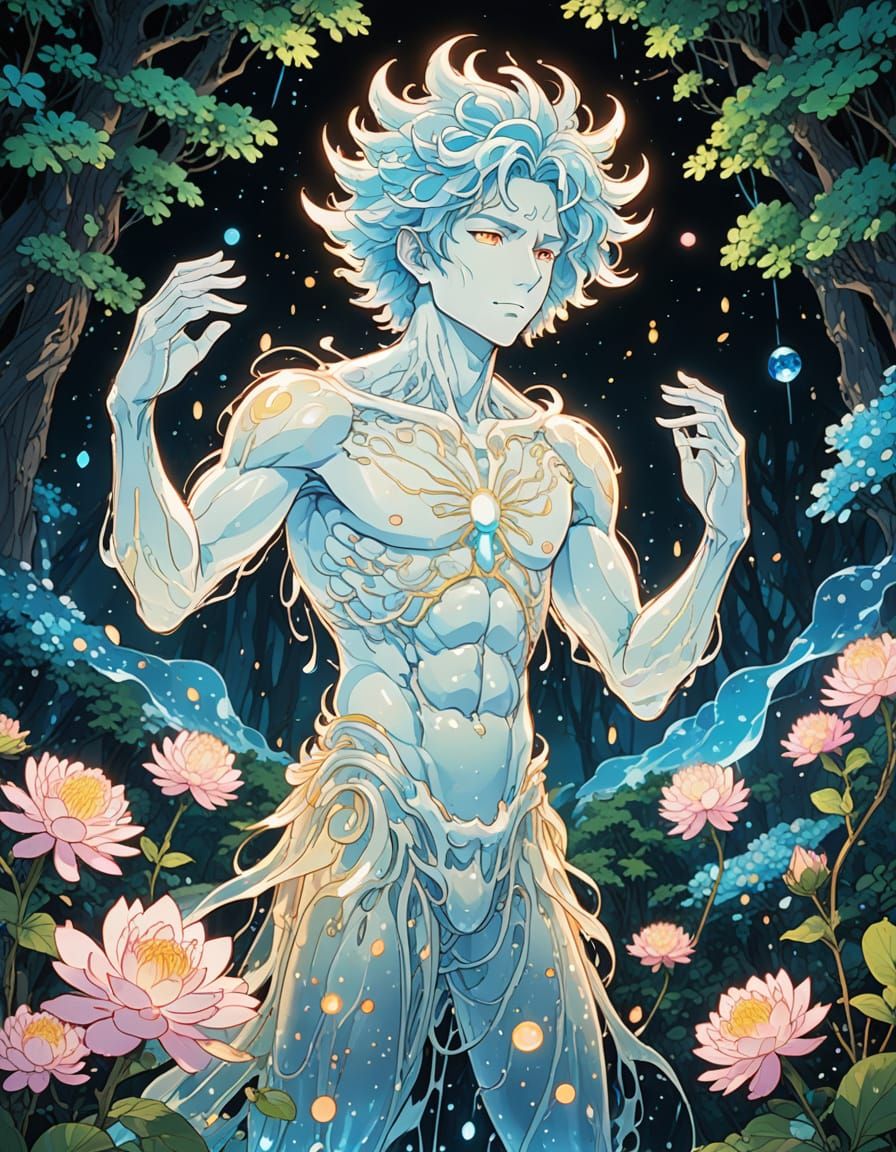 Ethereal Ghostly Creature in Enchanted Forest with Vibrant F...