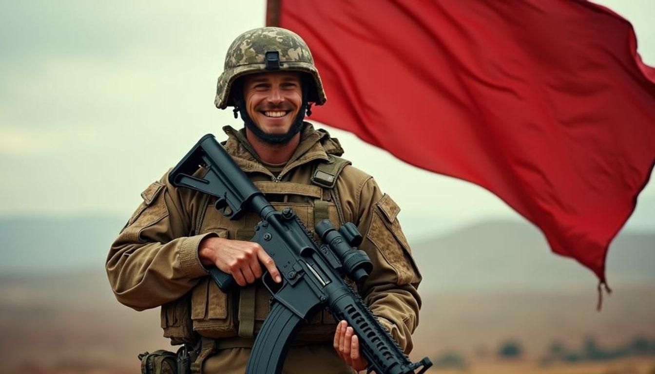 Cinematic Soldier with Red Flag in Film Still