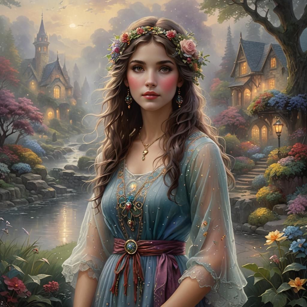 Ethereal Bohemian Girl in a Misty Fantasy Landscape