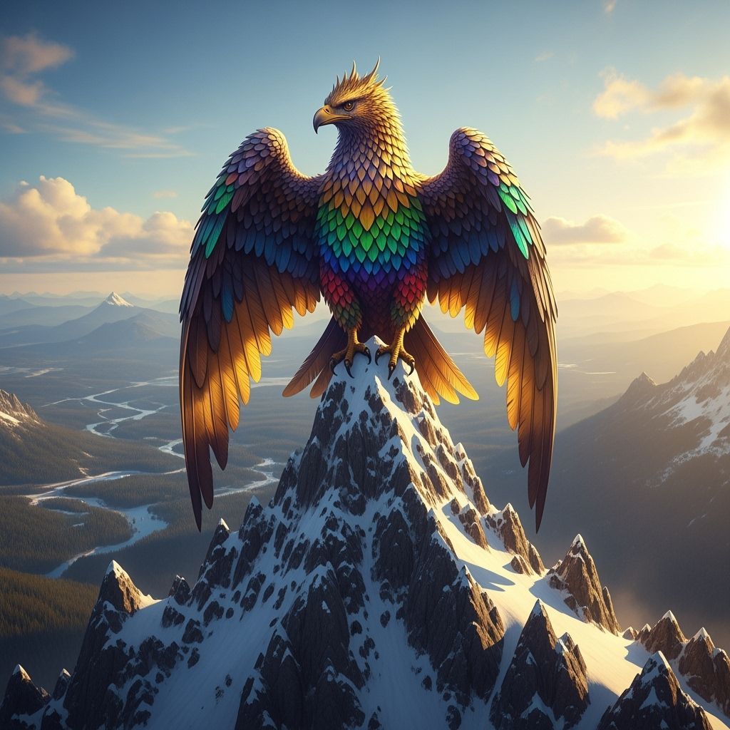 Griffin on Snow-Capped Peak in Hyper-Realistic Style