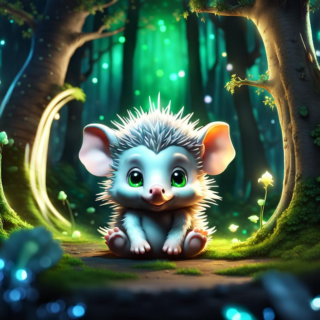 Enchanted Chibi Hedgehog-Elephant in Fantasy Forest