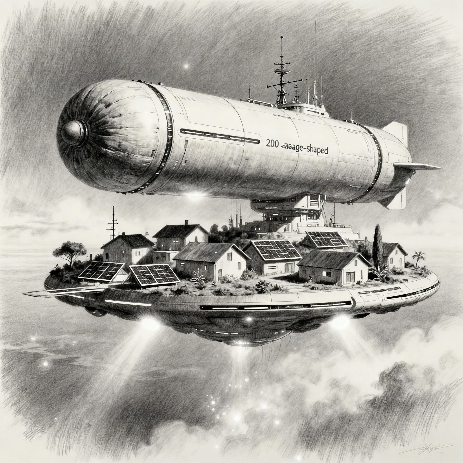 Futuristic Floating Village in 2200 Hyperdetailed Charcoal D...