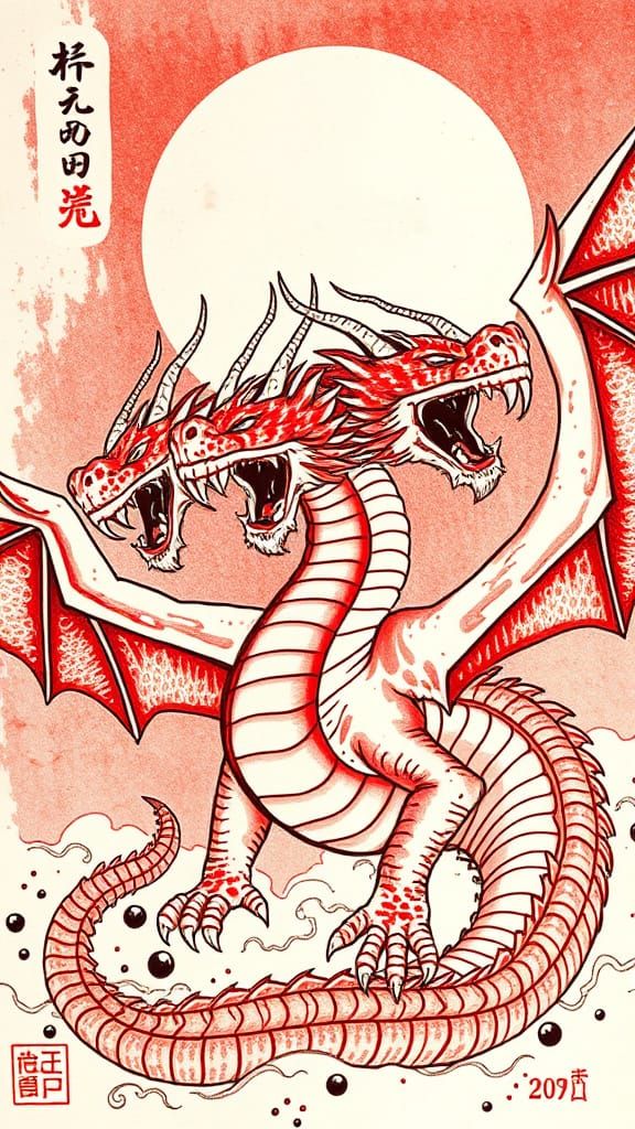 Mighty Winged Hydra King in Traditional Japanese Woodblock S...
