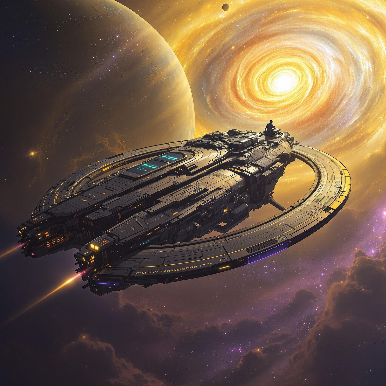 Colossal Spaceship Orbiting Surreal Planet in Futuristic Sty...