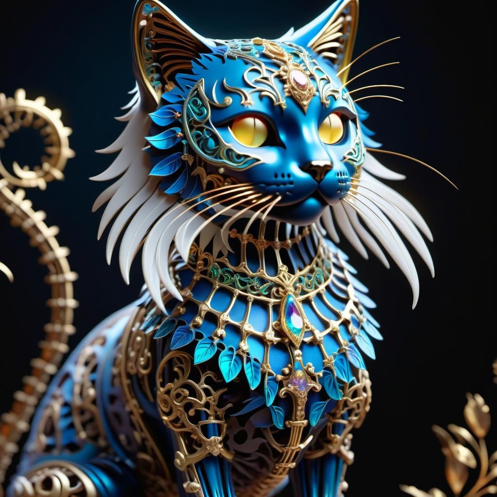 Ornate Metal Cat Skeleton with Iridescent Glow