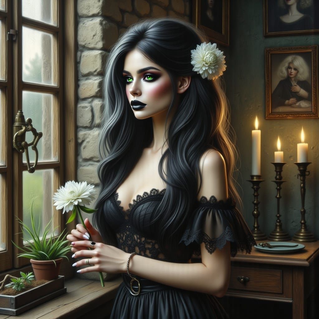 <lora:oil painting:1.0> ethereal beauty, gothic woman with long black hair with white highlights and disheveled, pale sk...