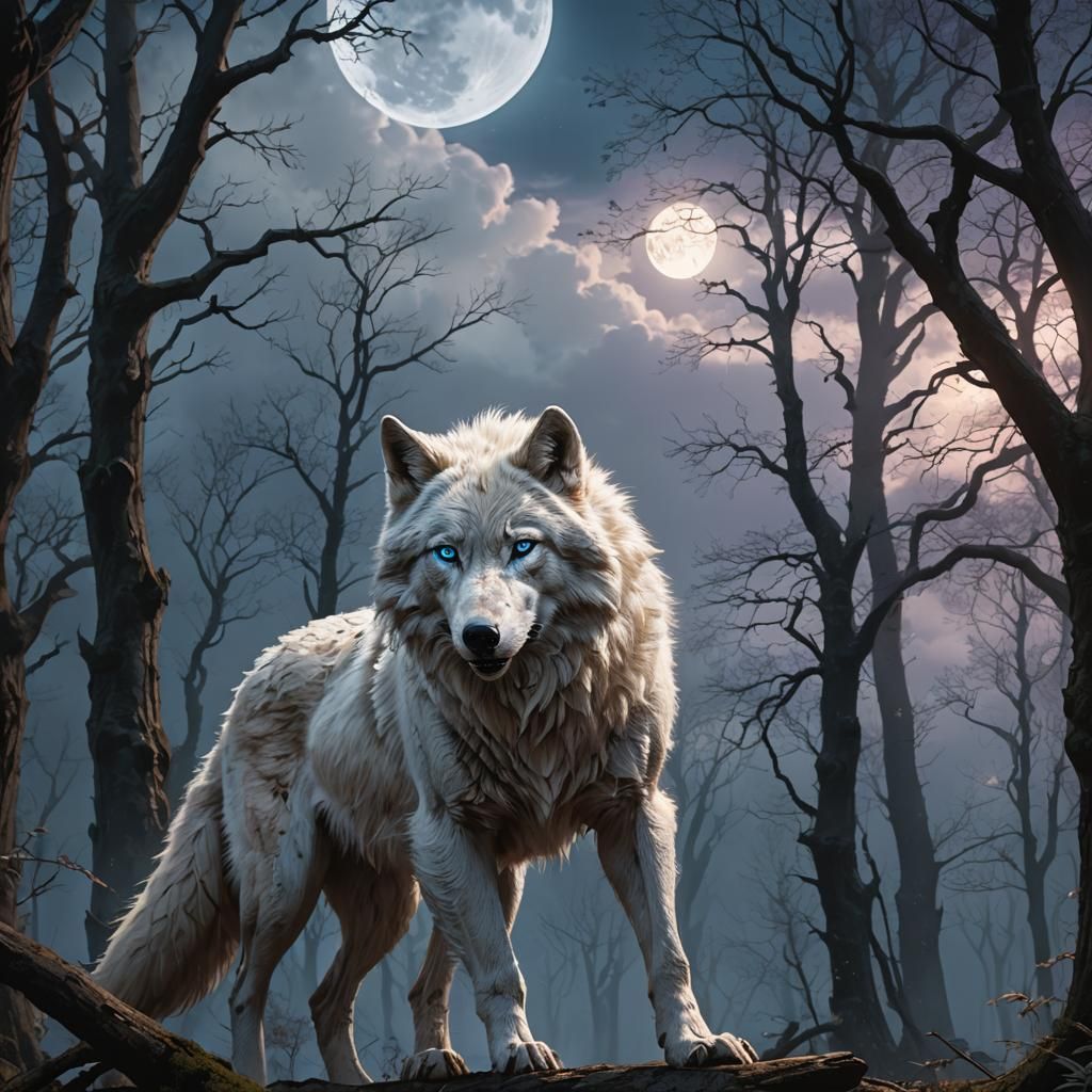 Blue-Eyed White Wolf Howling at Moon