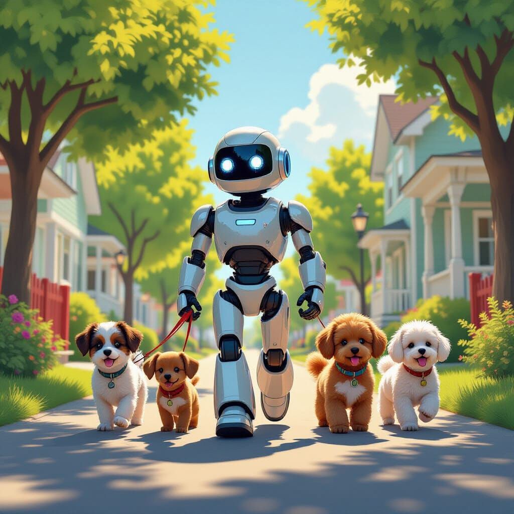 Futuristic Robot Walking Dogs in Sunny Neighborhood