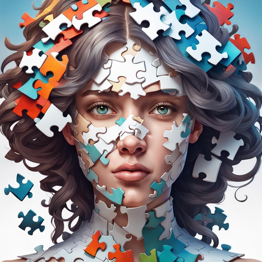 Puzzle Piece Woman Portrait in Detailed Art Style