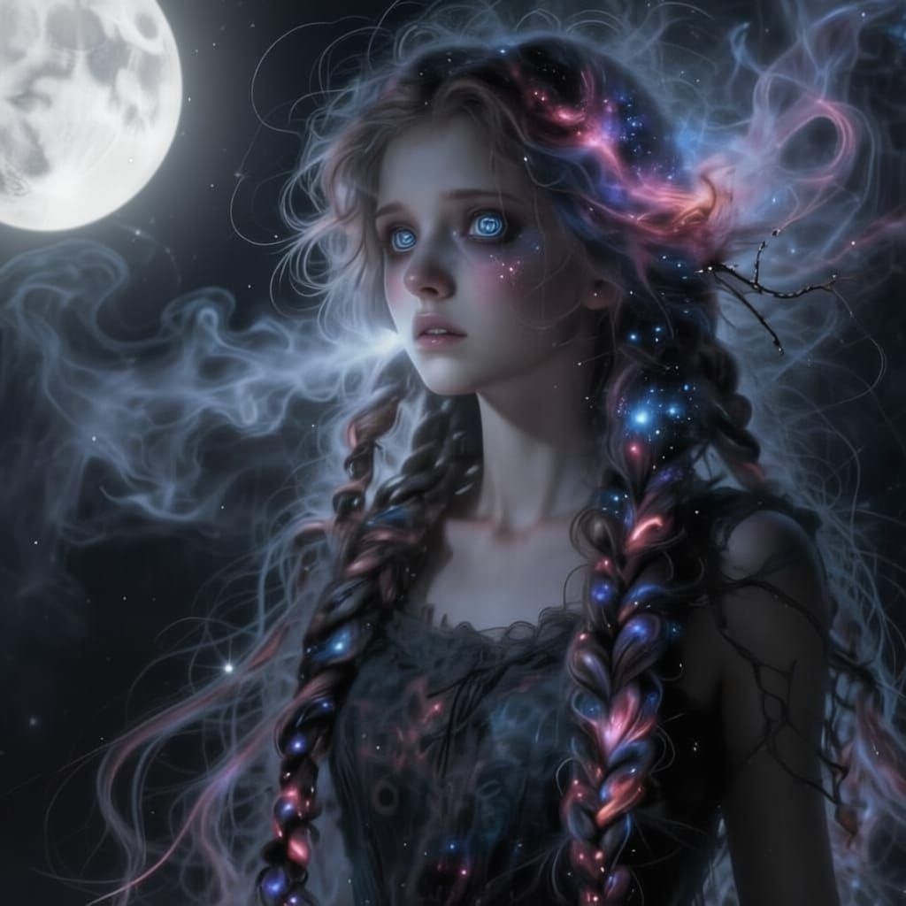 Cosmic Girl Unraveling Galaxies in Surreal Celestial Decay