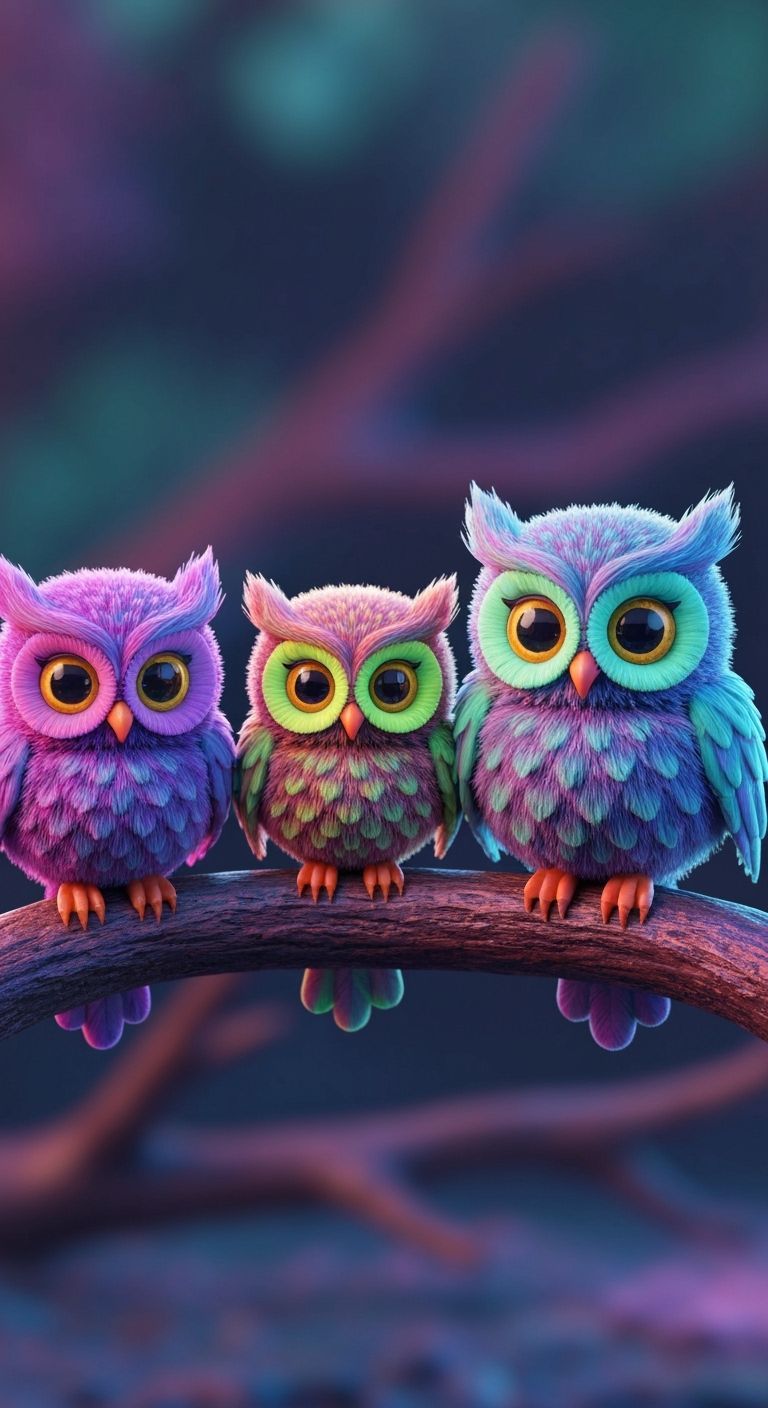 Colorful Fluffy Owls on Branch in Gummy Claymation Style