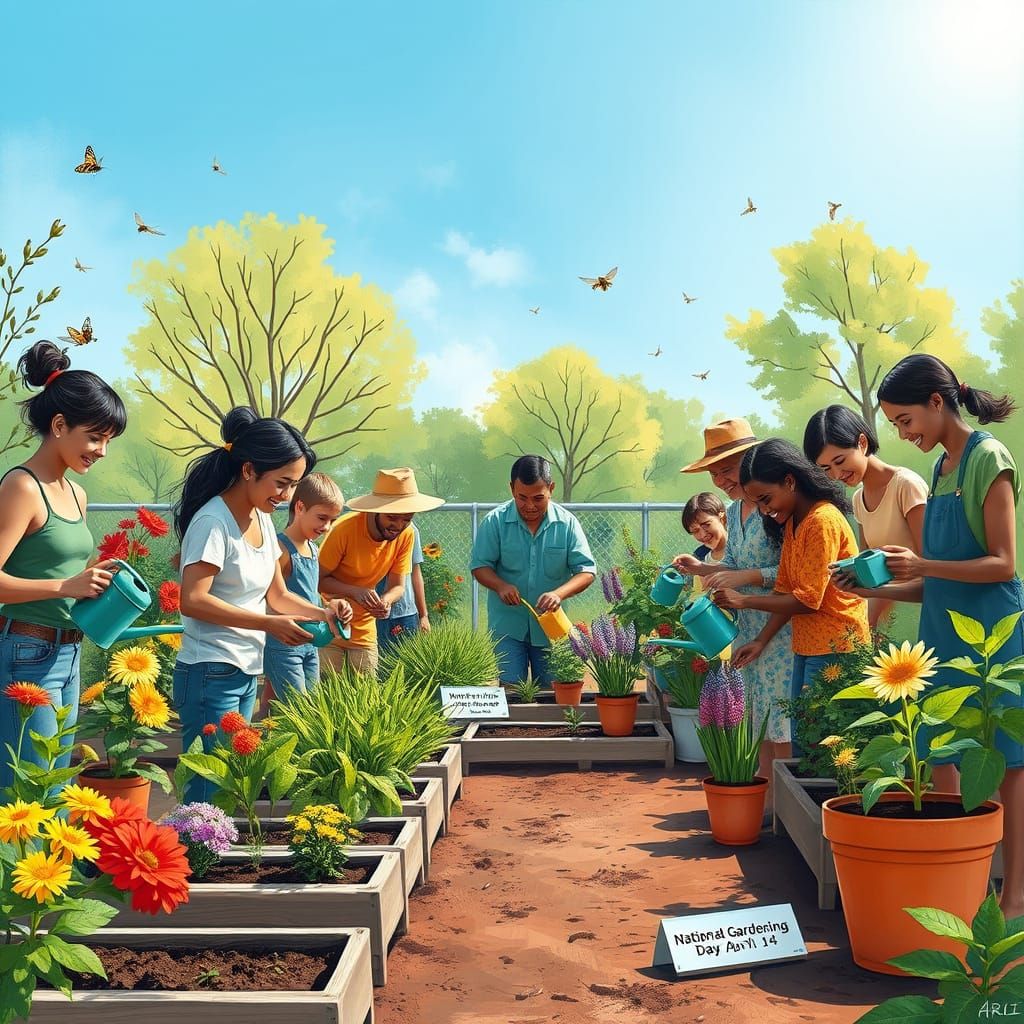 Joyful Community Garden Scene in Vibrant Colors