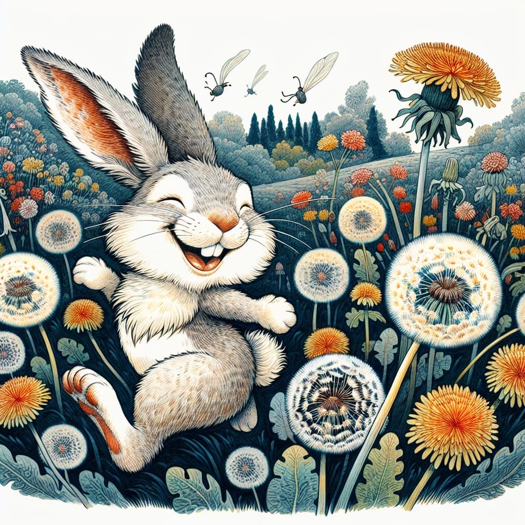 Cheerful Bunny's Whimsical Journey Through Dandelions