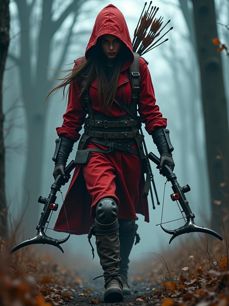 Hunter Red Riding Hood in Dark Surrealist Style