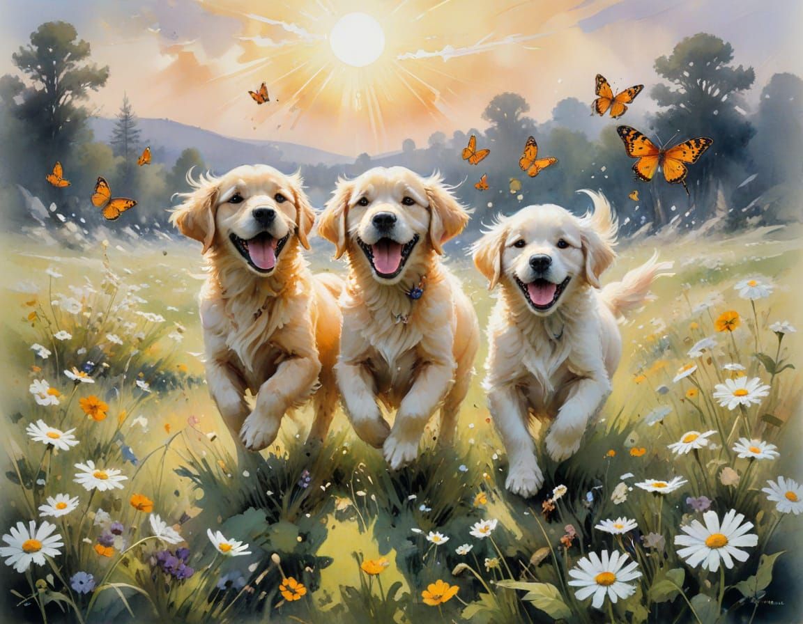 Golden Retriever Puppies in Sun-Drenched Meadow as Impasto P...