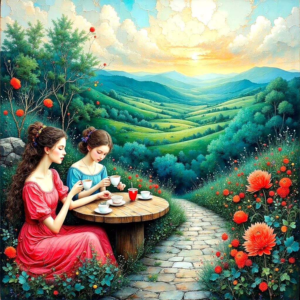 Volumetric Impasto Landscape with Tea Drinkers