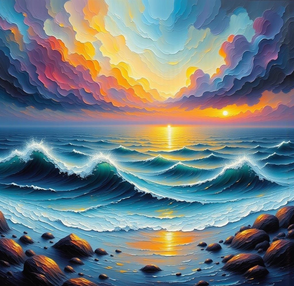 Stormy Impasto Seascape Painting