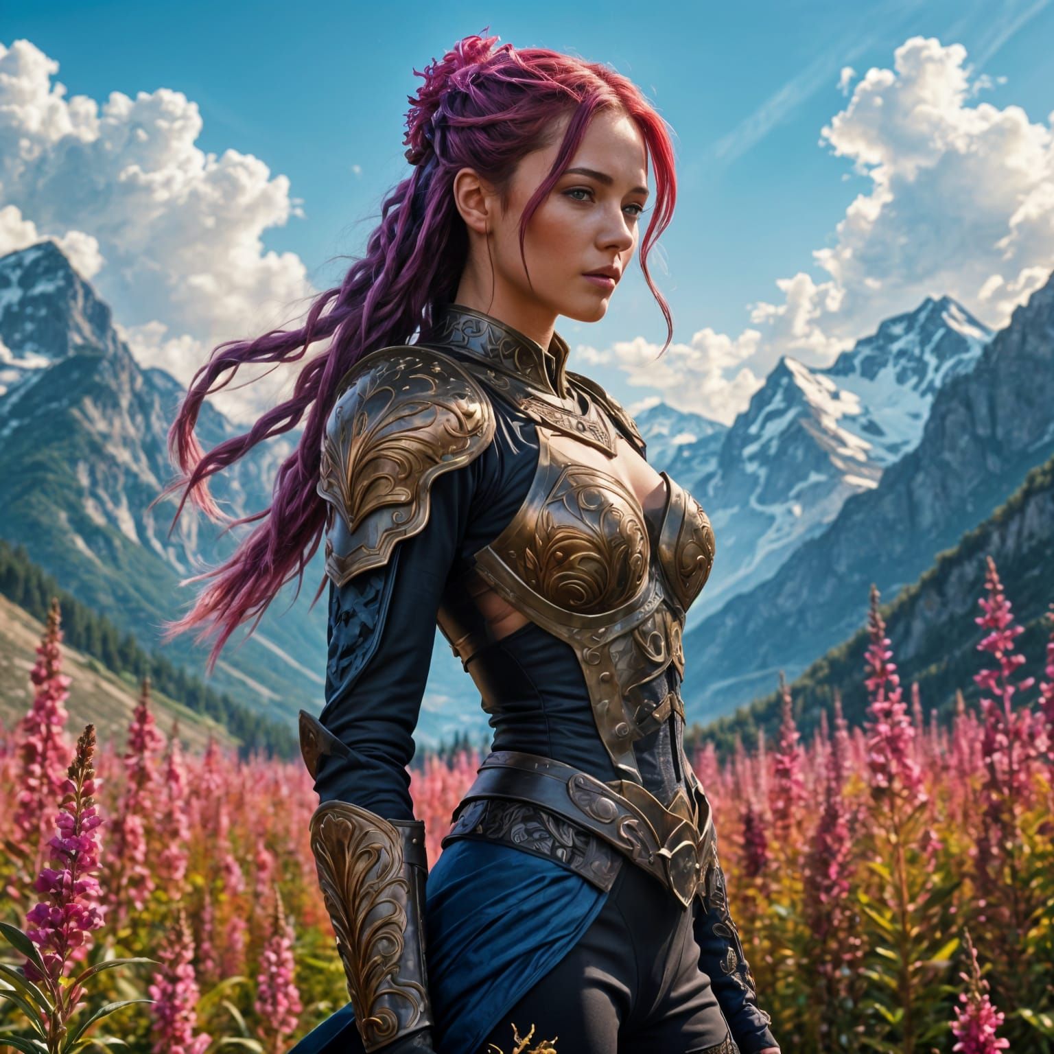 Fantasy Warrior in Fireweed Field, Detailed Matte Painting