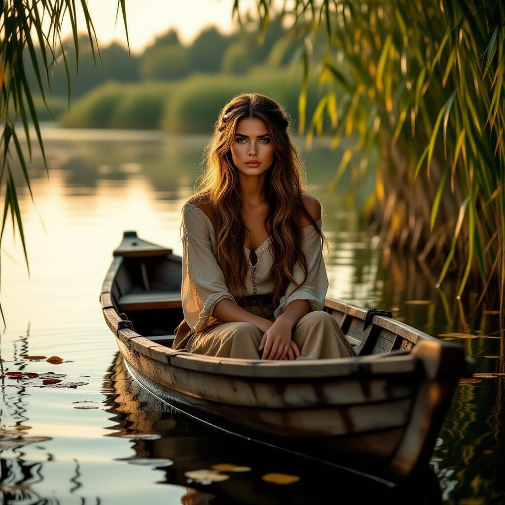 Woman in Boat on Lake, Photorealistic Style