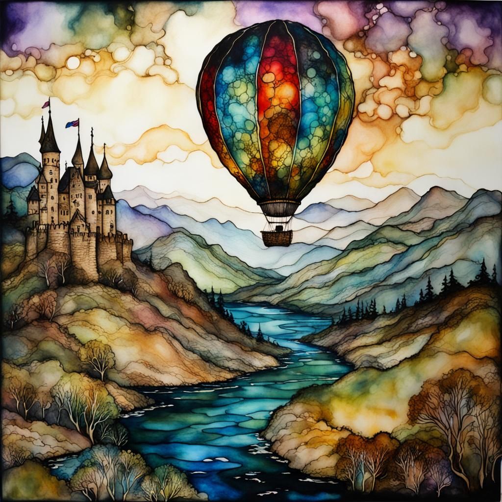 Fantasy Castle Hot Air Balloon, Alcohol Ink Style