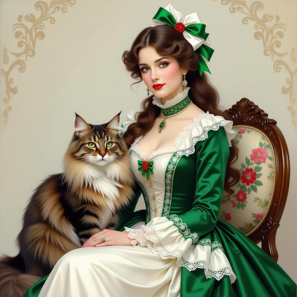 Victorian Lady with Cat in Pre-Raphaelite Style