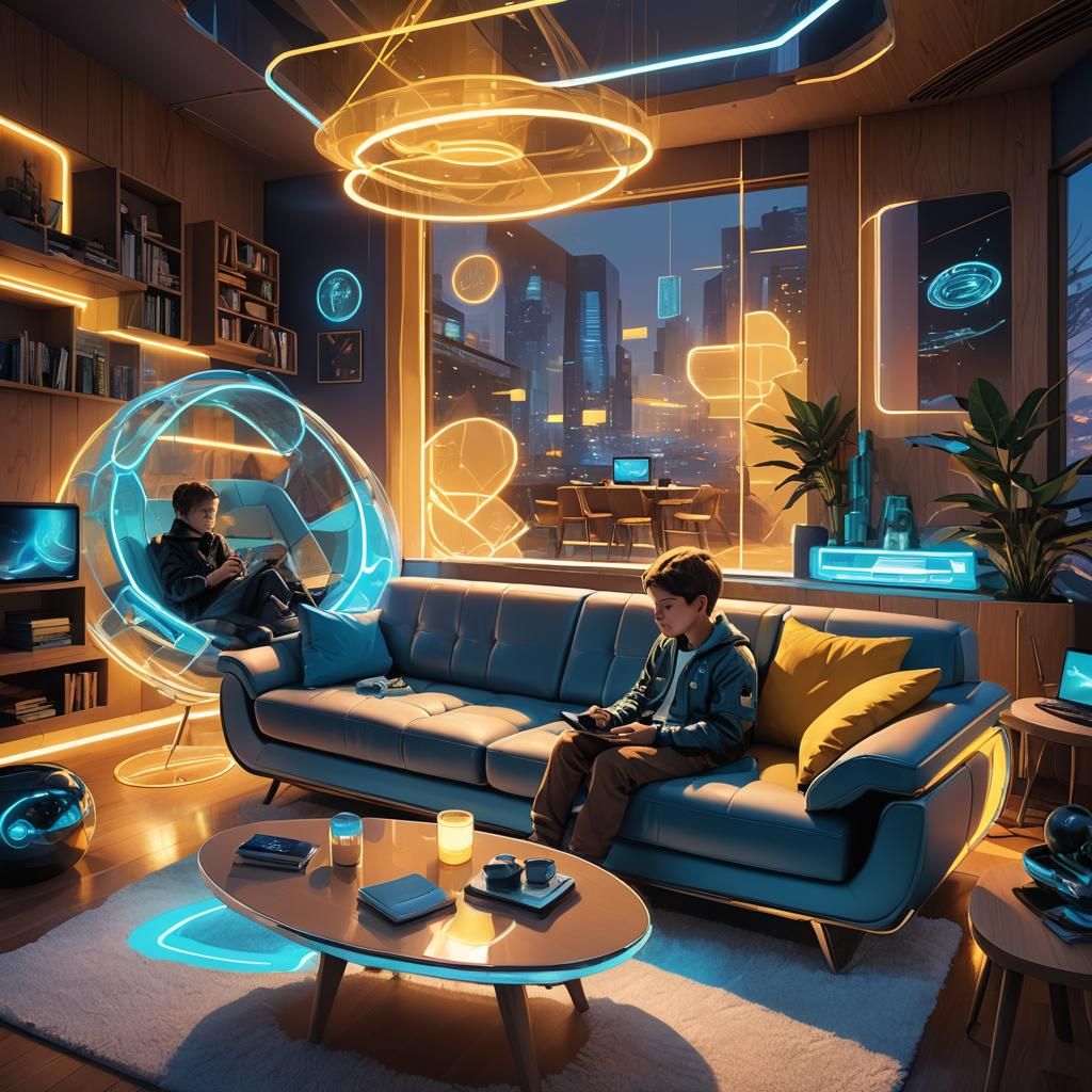 Futuristic Living Room with Kids, Digital Art