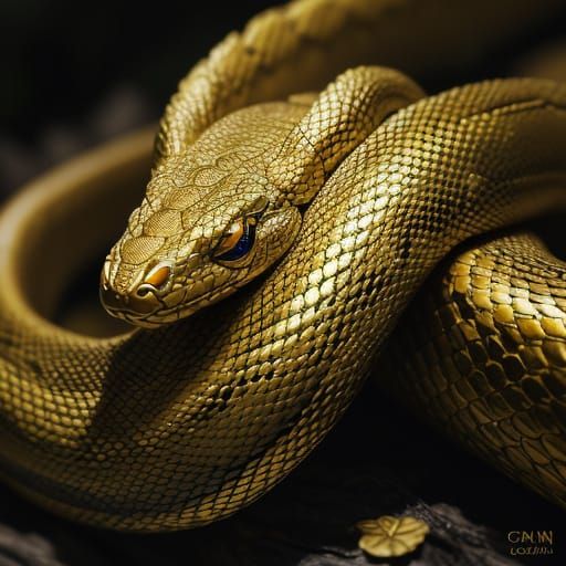 Golden Serpent Coiled Around Ancient Tree Branch