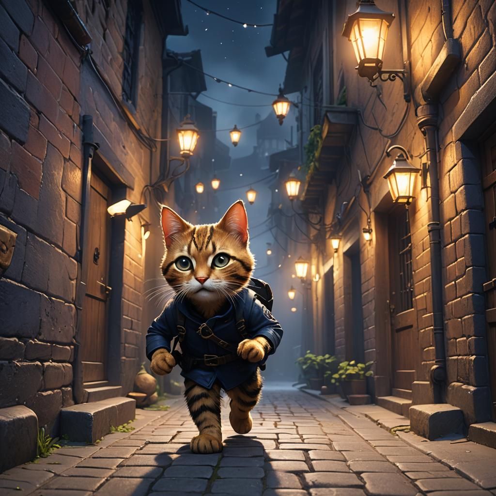 Mischievous Cat Burglar in Mystical Alleyway