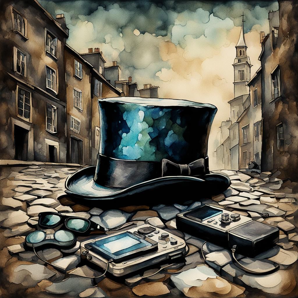 Steampunk Top Hat on Cobblestone Street, Ink Painting