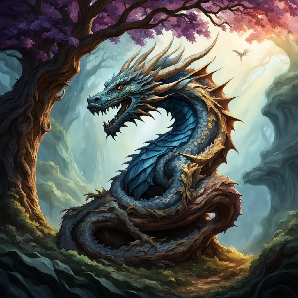 Dragon Basks Under Vibrant Tree of Life