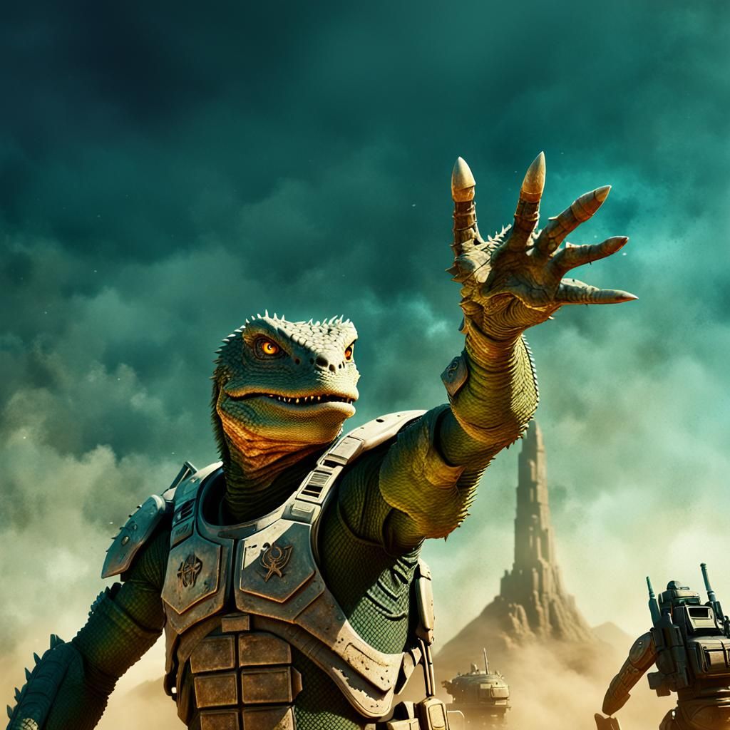 Sci-Fi Lizard Soldier Reaching for the Sky