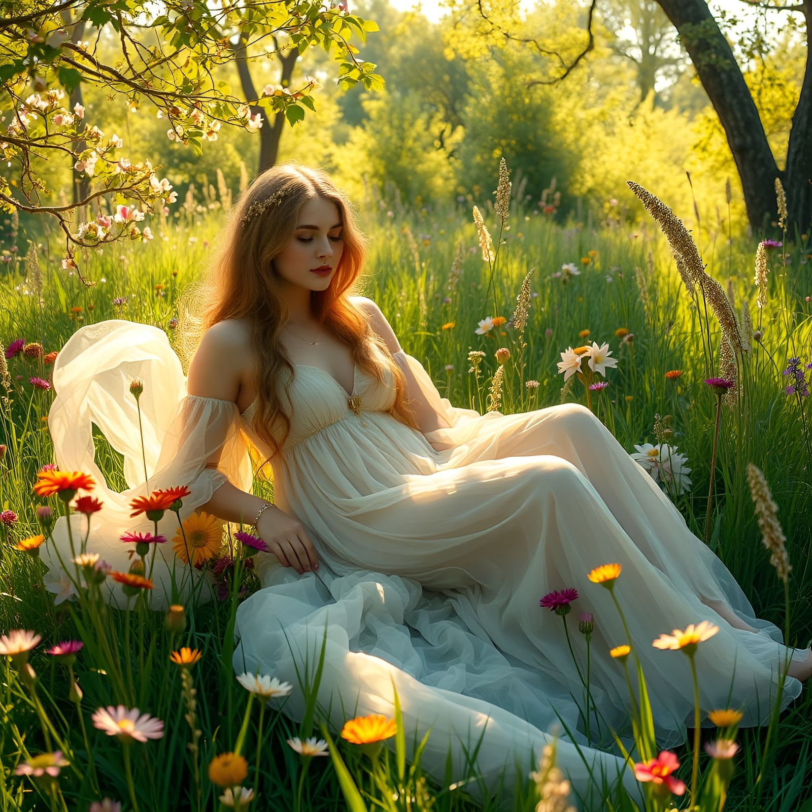 Ethereal Goddess in a Sun-Kissed Meadow