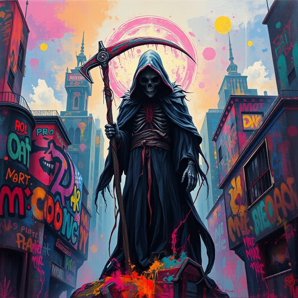 Grim Reaper in Polychromatic Cityscape: Digital Art