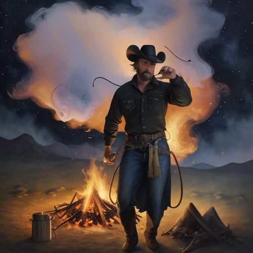 Smokey Cowboy Lassoing Bull in Gouache Style