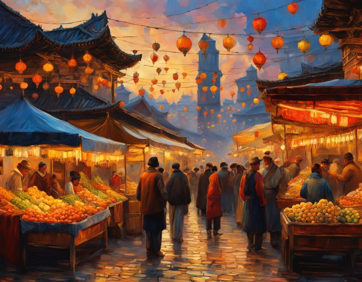 Vibrant Oriental Night Market Scene with Golden Lighting