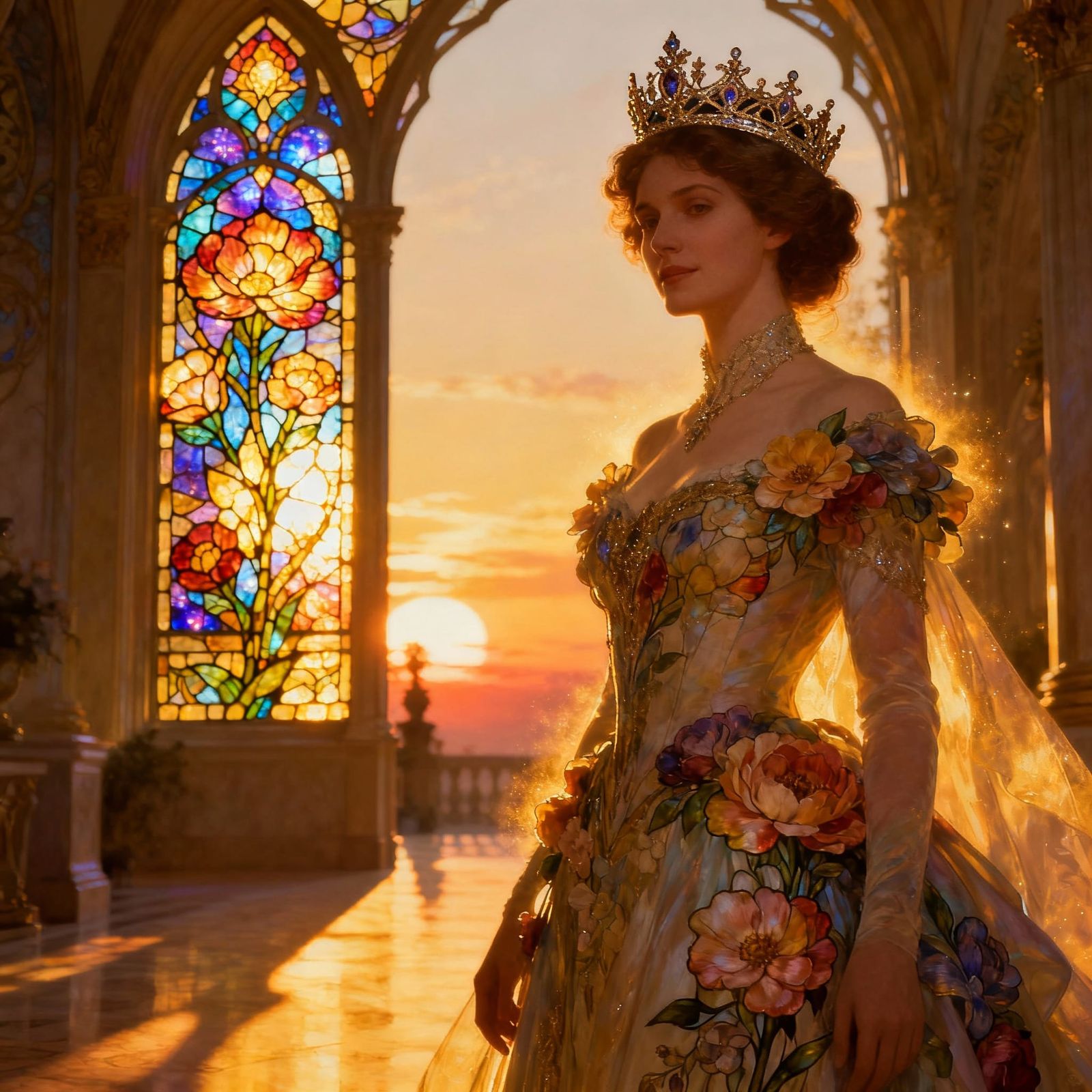 Majestic Queen in Flower Dress at Golden Hour