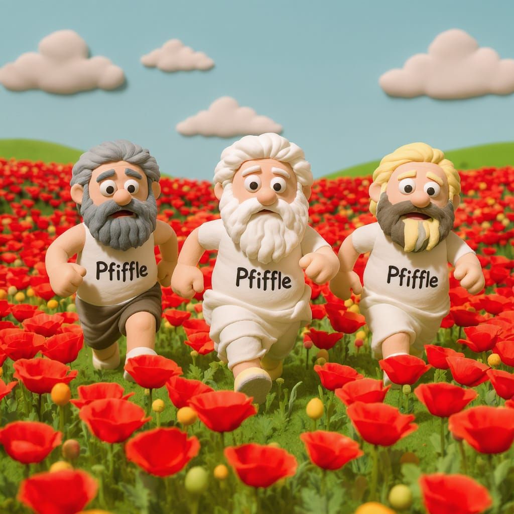 Claymation Philosophers Run Through Poppy Field