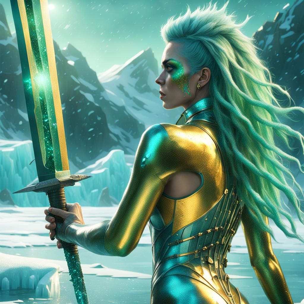 Armored Woman with Ice Sword in Dramatic Lighting