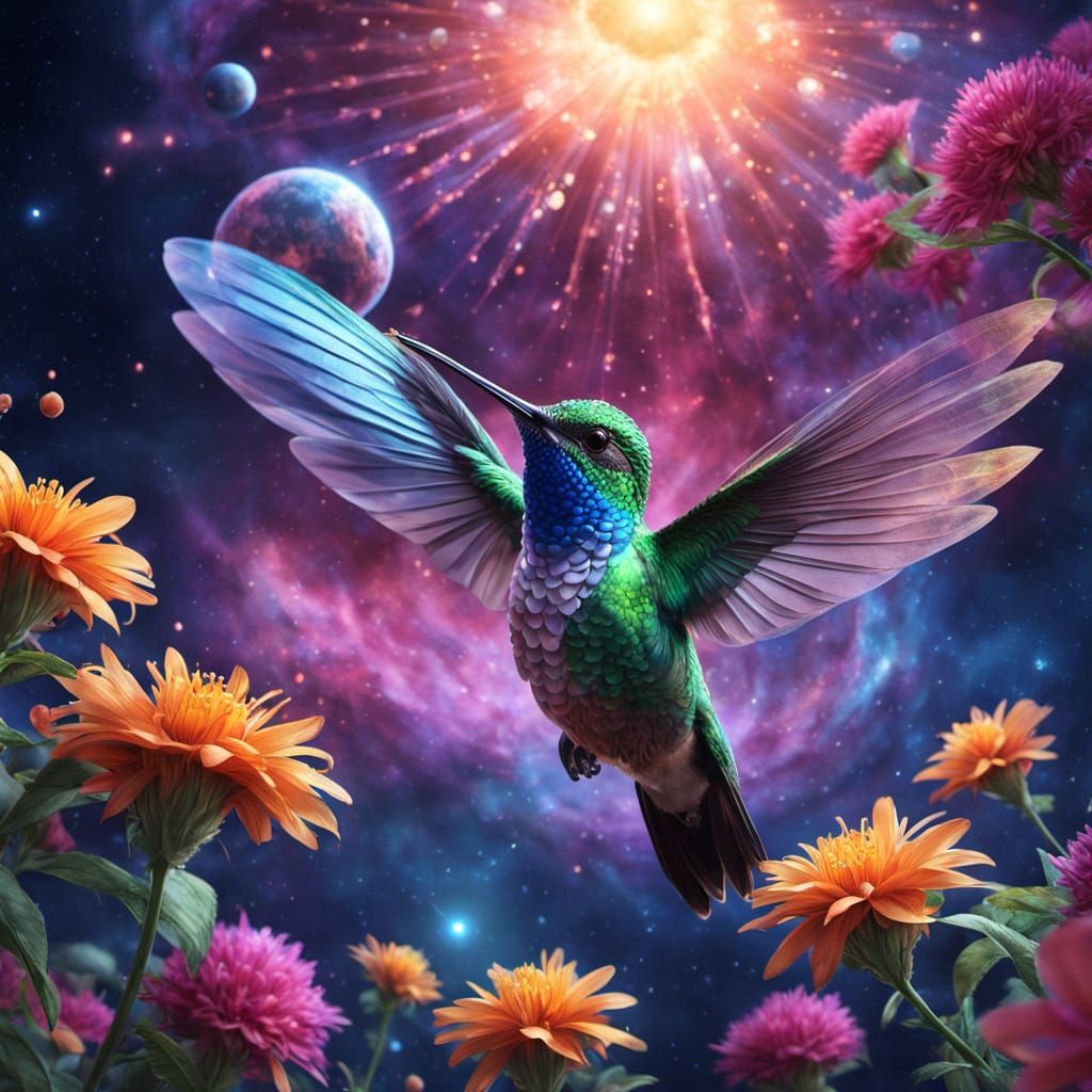 Celestial Hummingbird Sipping Nectar in Nebula Garden