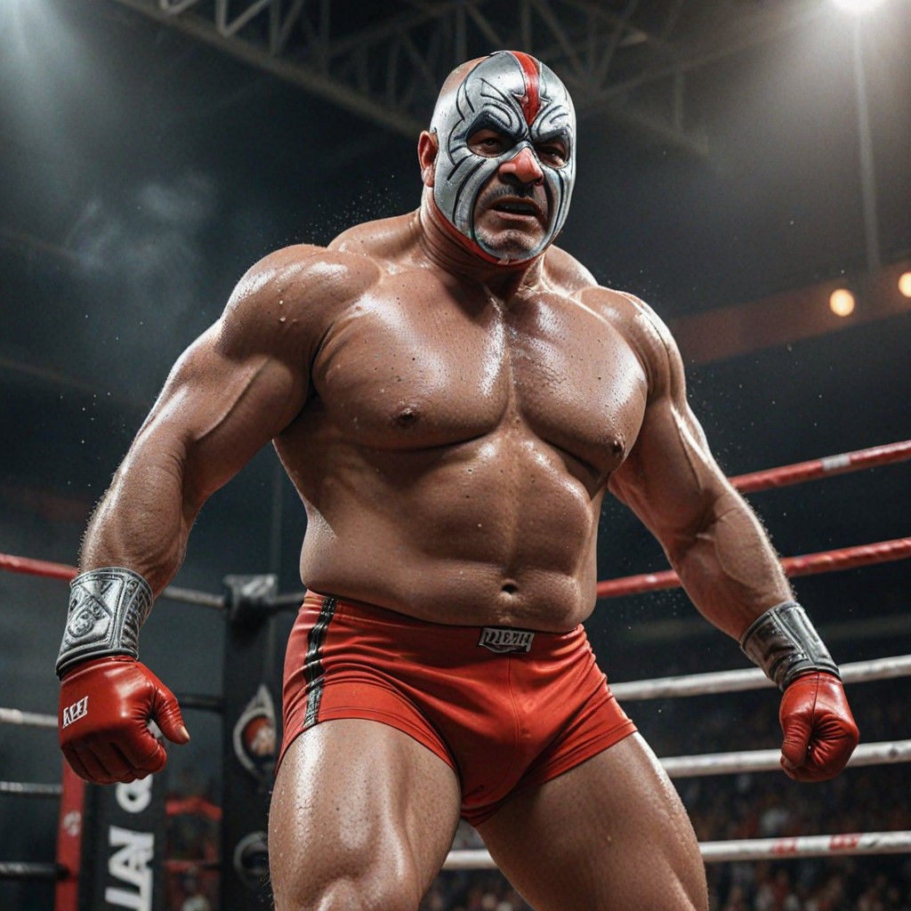 Rugged Wrestler in Red and Silver Spandex