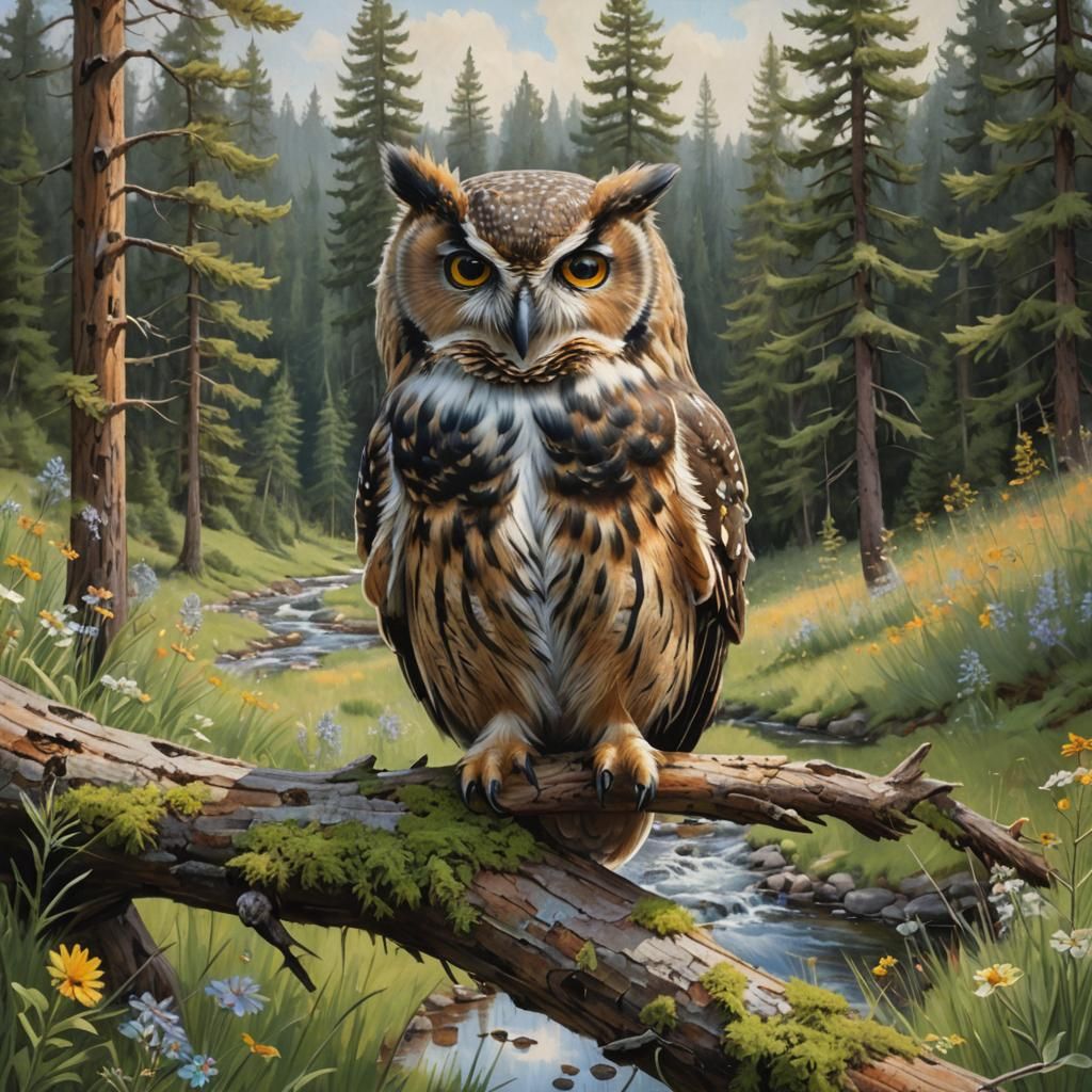 Fluffy Owl Overlooking Meadow, Oil Painting