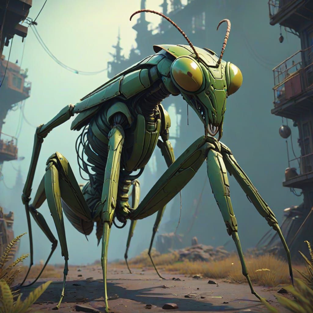 Twisted Metal Creature in a Muted, Fantastical Landscape