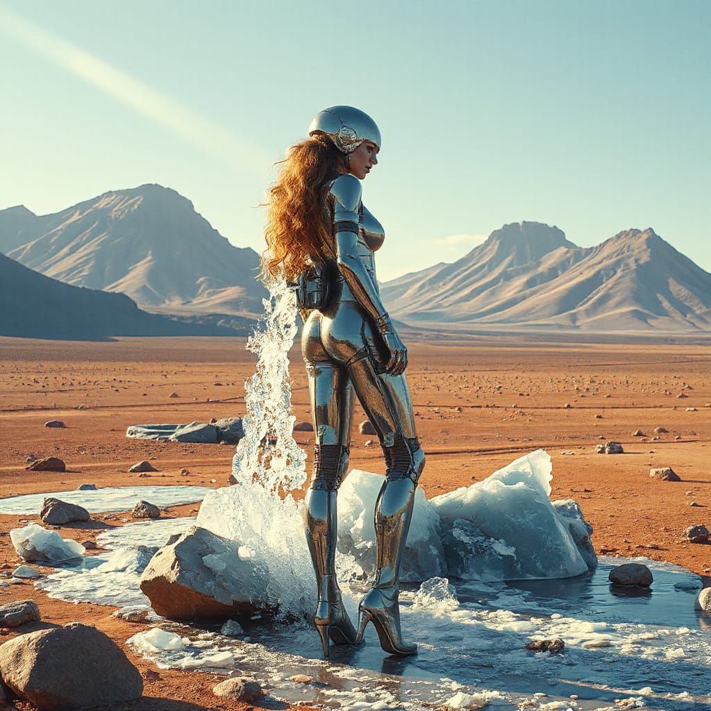 Chrome Cyborg Waterfall in Martian Desert Landscape