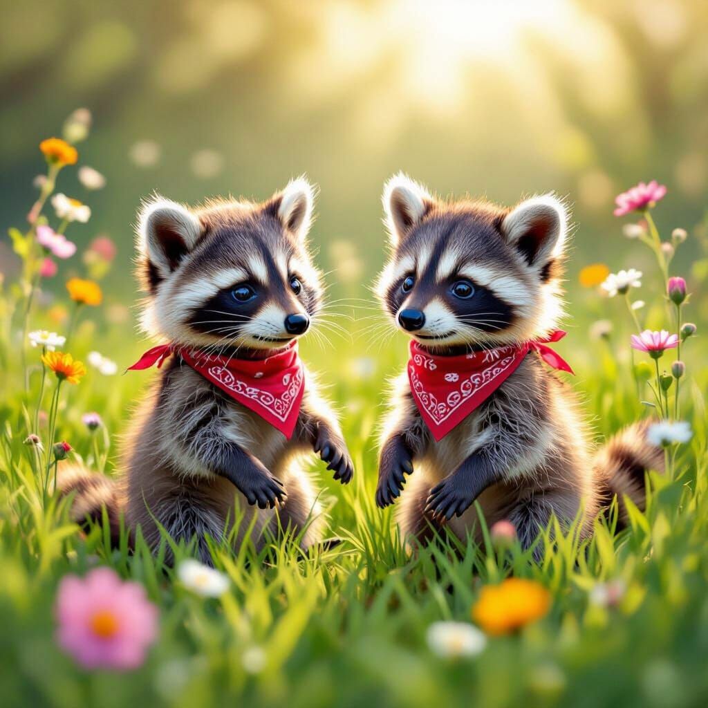 Hyperreal Raccoons Playing in Sunny Wildflower Meadow